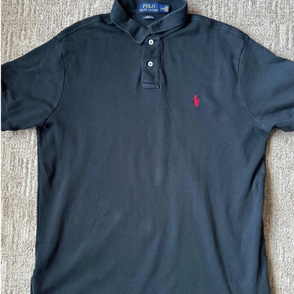 Polo Ralph Lauren Men's Large Black Custom Fit Polo Shirt Red Pony Logo Cotton